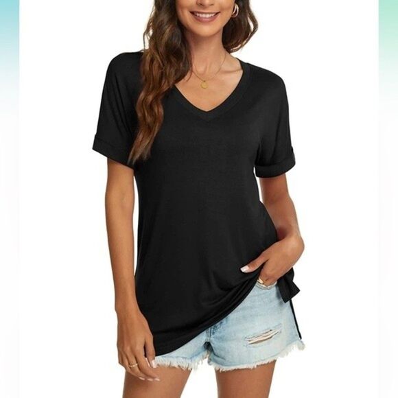 Women’s Black V-Neck Short Sleeve Tee Size Small - Picture 1 of 9